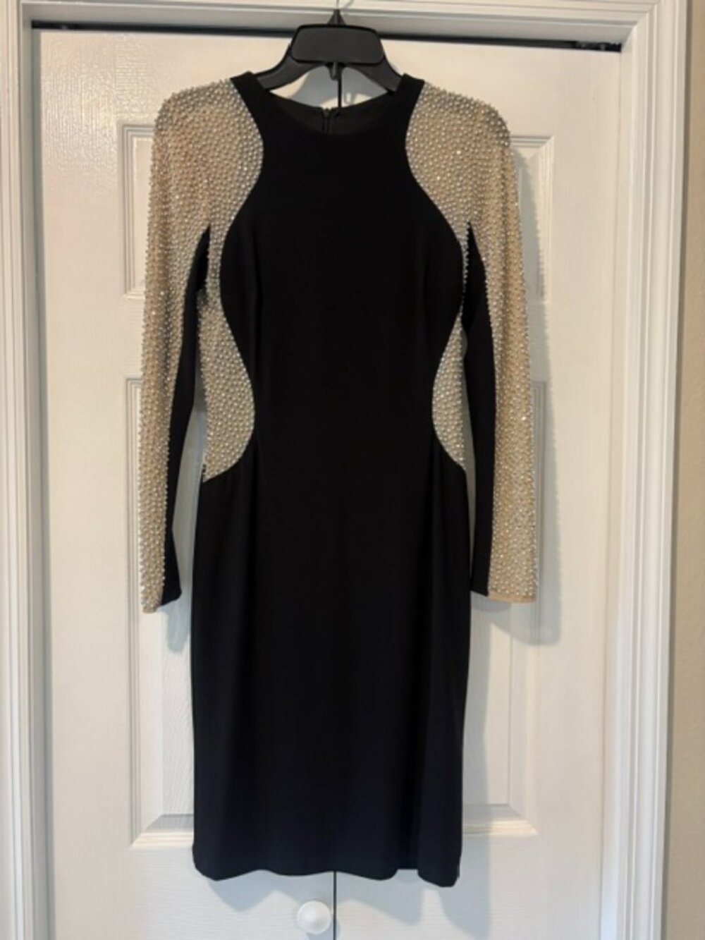 Xscape Black Rhinestone Illusion Sleeve Cocktail Sheath Dress Size 6